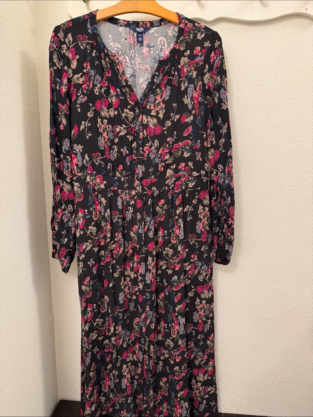 Chaps Black Long-Sleeve Floral Maxi Dress with Pink and Cream Blooms